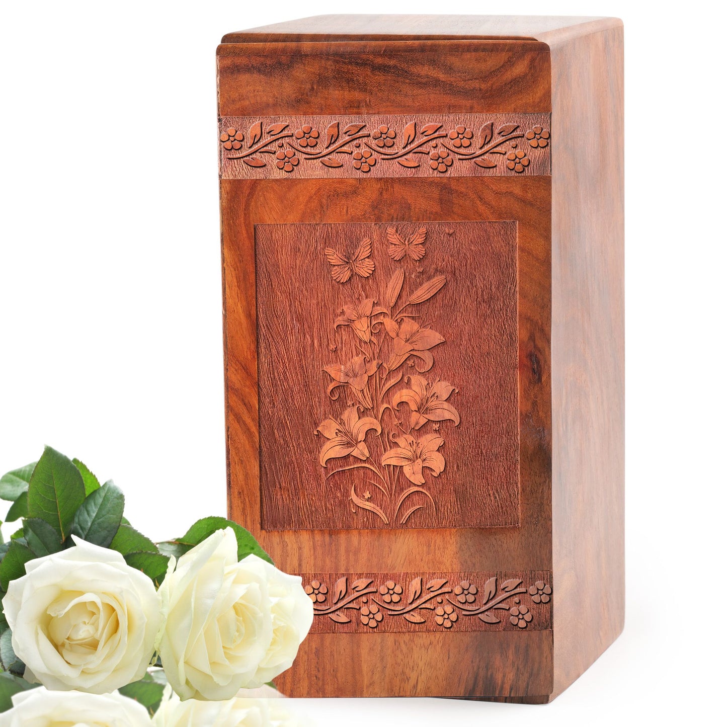 Butterfly With Flowers Wooden Box Urn For Ashes - Wood Funeral Urns