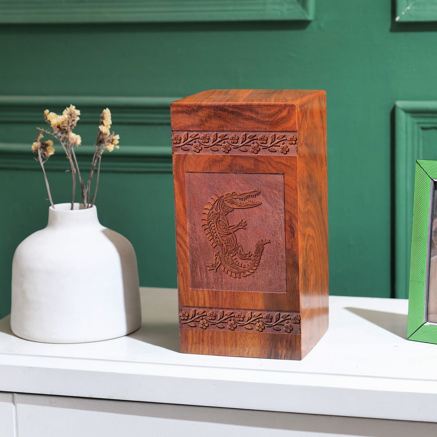 Crocodile Wooden Cremation Box For Ashes - Wood Urns For Burial