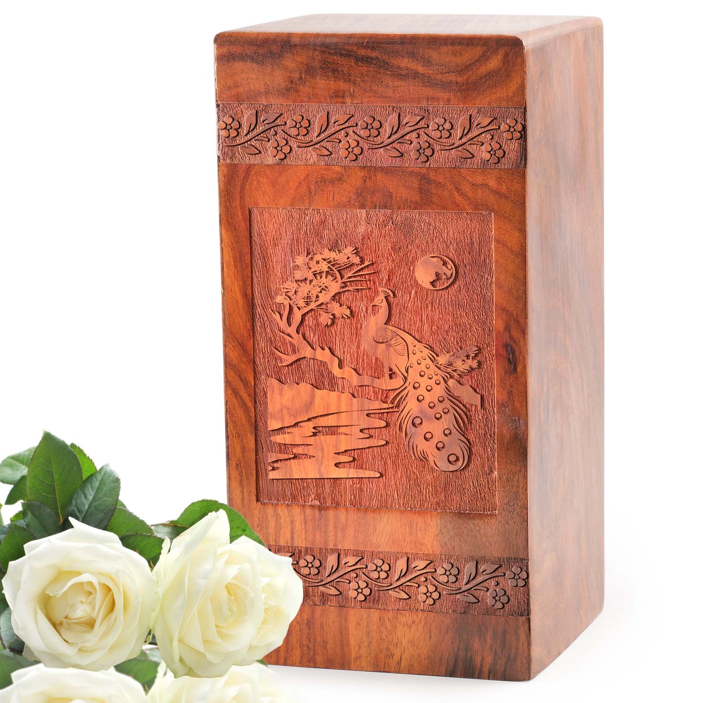 Peacock Wooden Urn Box For Ashes - Wood Cremation Urn For Adult Male