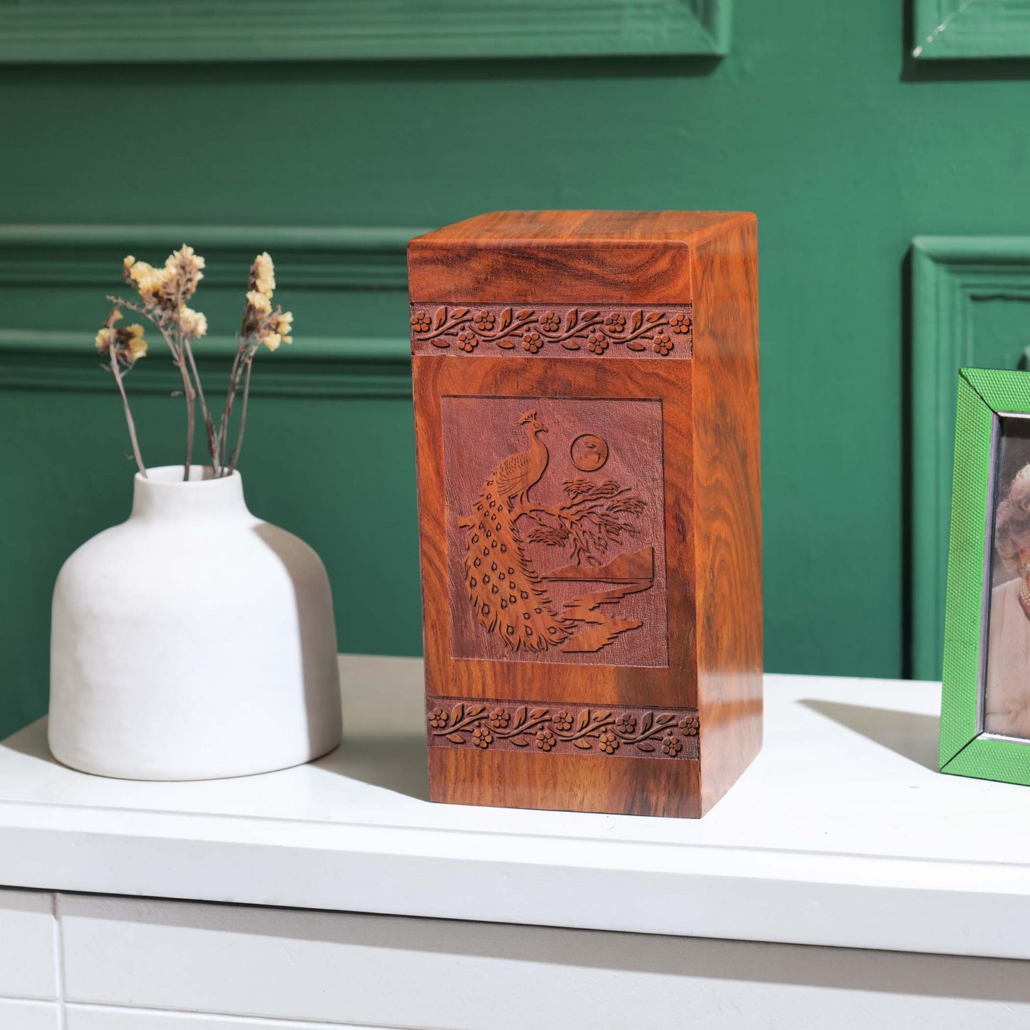 Peacock Wooden Cremation Box For Ashes - Wood Urns For Human Burial