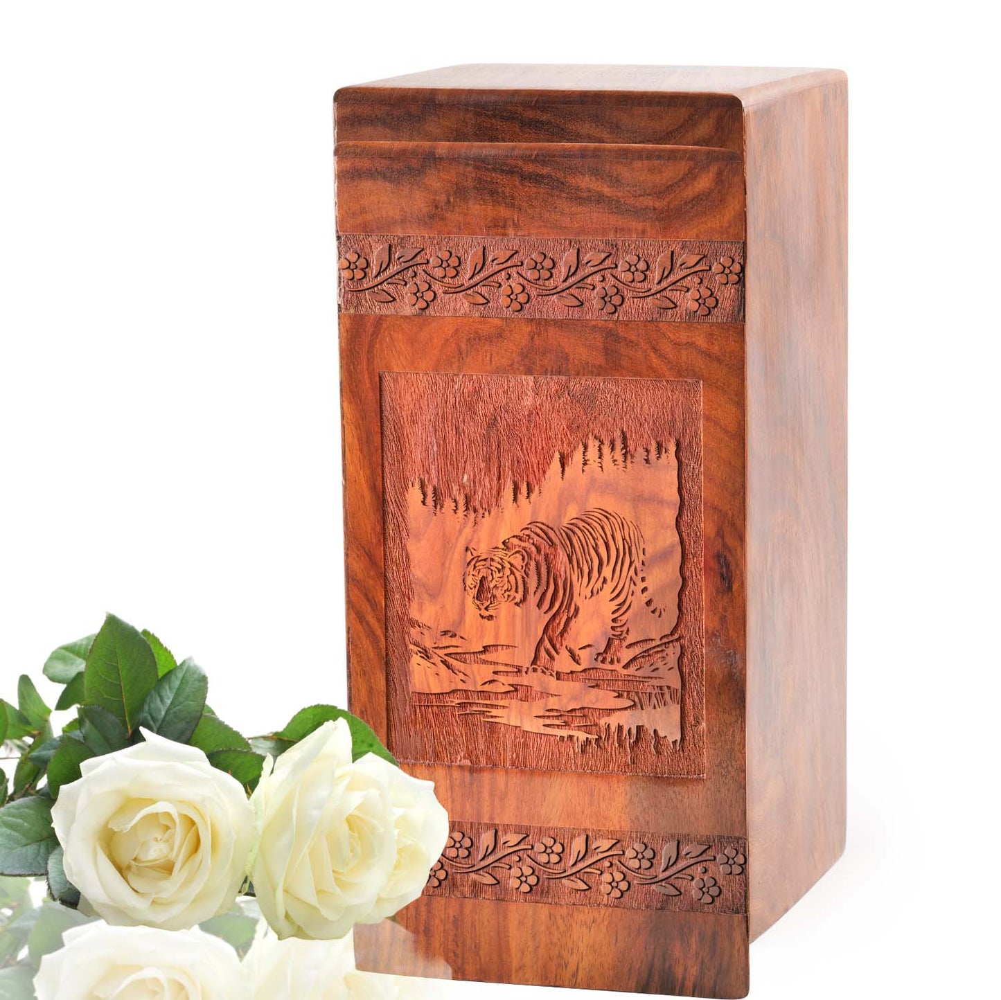 Tiger Wooden Box Urn For Ashes - Wood Cremation Urn For Adult Male