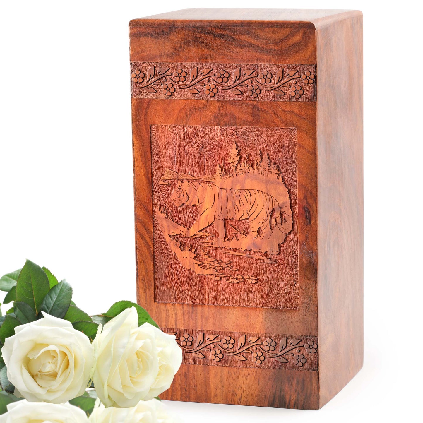 Tiger Wooden Box Urns For Ashes - Wood Cremation Box For Burial