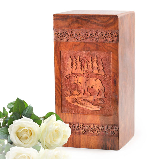 Fox Wooden Cremation Urn For Ashes - Wood Cremation Urn Box For Adults