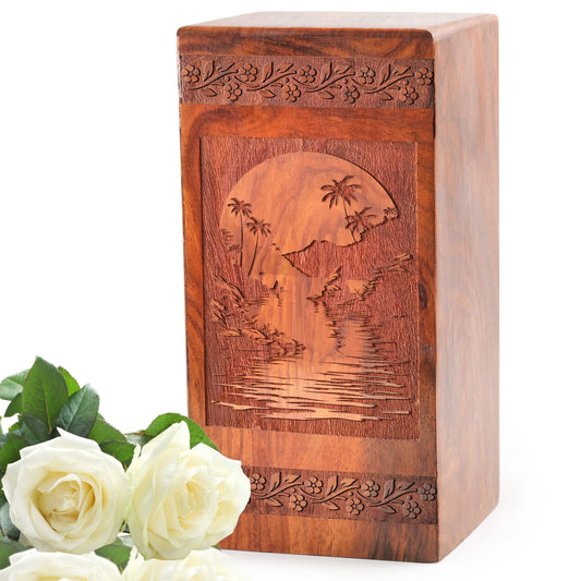 Sunset Beach Wood Urn For Ashes Adult - Wooden Cremation Box For Burial