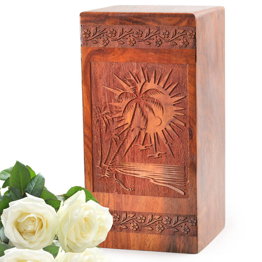 Sunset Beach Wooden Urn Box For Ashes - Wood Cremation Box For Burial