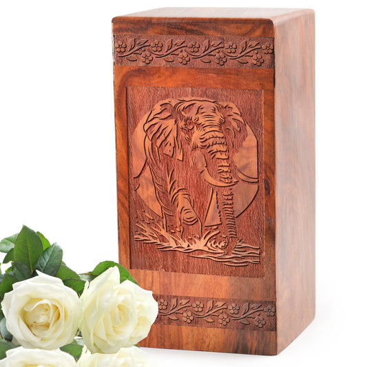 Elephant Wooden Box For Ashes - Elephant Cremation Urn Wooden Box