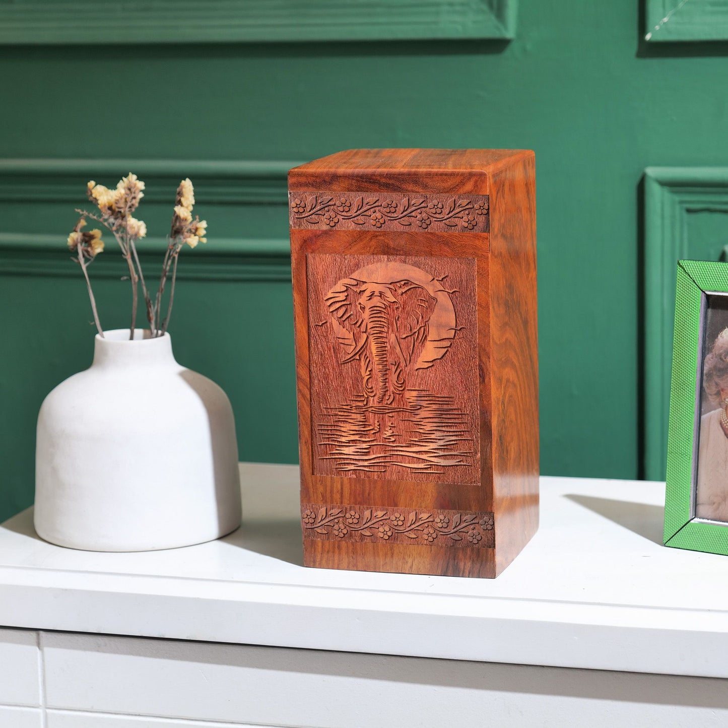 Elephant Wood Cremation Urn - Elephant Wooden Box Urn For Cremation