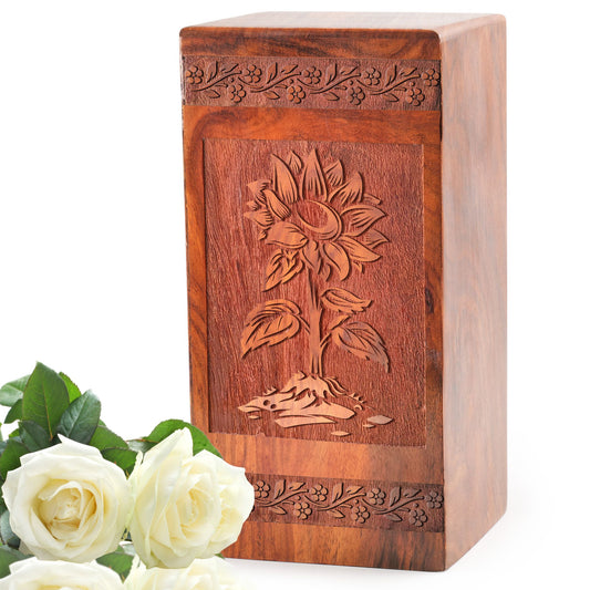Sunflower Field Wooden Box Urns - Handcrafted Cremation Urns For Ashes