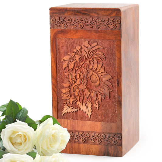 Sunflower Field Wooden Urns - Elegant Cremation Urns For Human Ashes