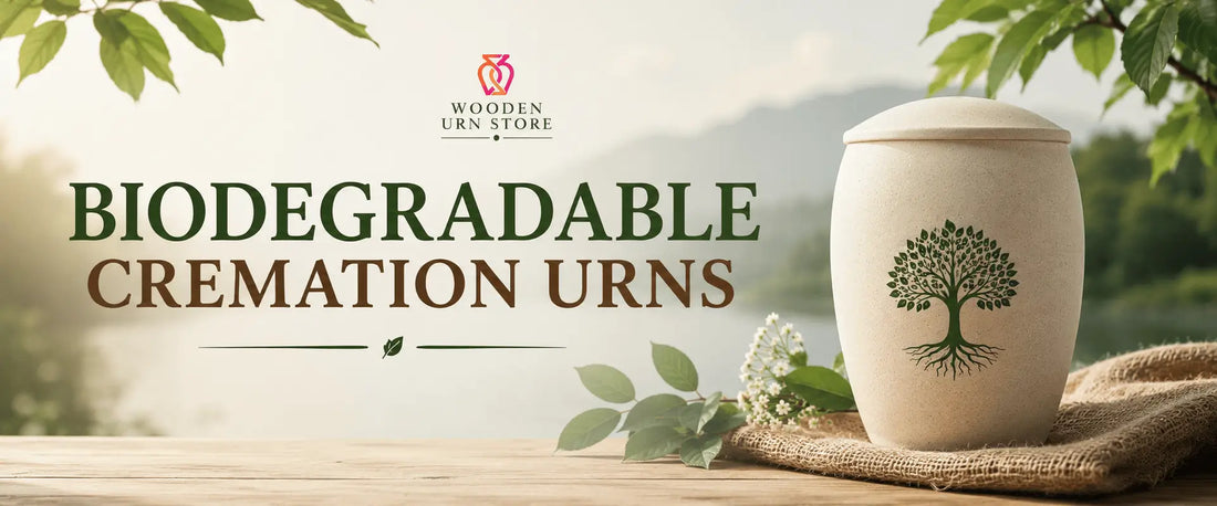 Biodegradable cremation urn with a tree design surrounded by natural greenery