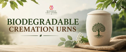 Biodegradable cremation urn with a tree design surrounded by natural greenery