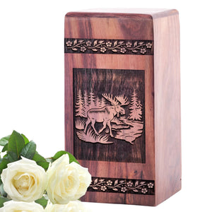 Beautiful Deer Wooden Urn Box for Human Cremation Ashes
