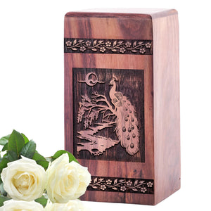 Beautiful Wooden Box Urn with Peacock Urn for Human Ashes