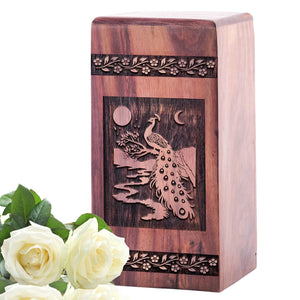 Peacock Wooden Box Urn for Human Cremation Ashes