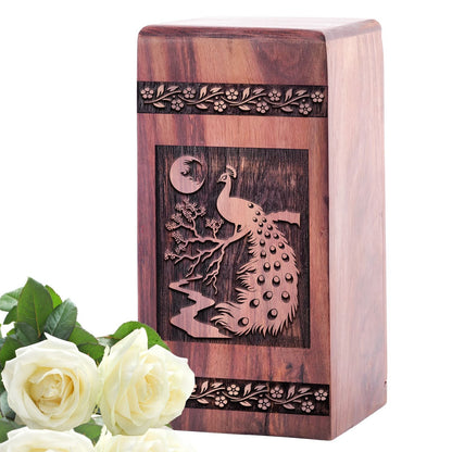 Peacock Small Wooden Box Urn for Adult Memorial Ashes