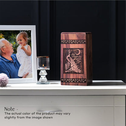 Peacock Memorial Wooden Box Urn for Cremation Ashes