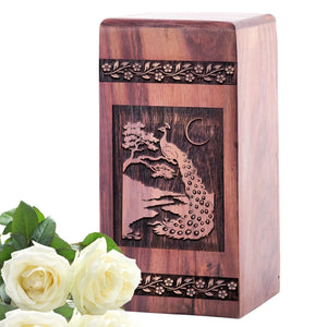 Peacock Handcrafted Wooden Box Urn for Human Ashes