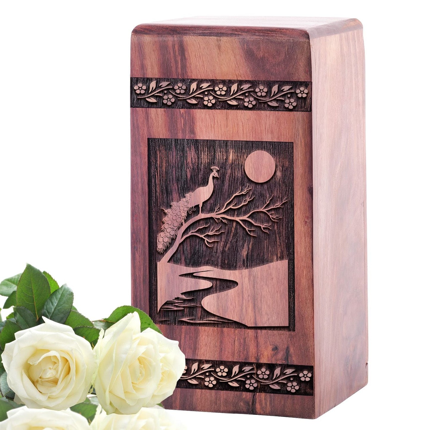 Peacock Small Wooden Box Urn for Keepsake Cremation Ashes