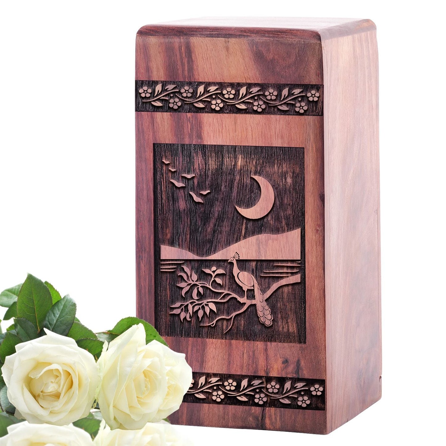 Peacock Unique Wooden Box Urn for Human Cremation Ashes
