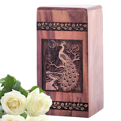 Peacock Medium Wooden Box Urn for Memorial Cremation Ashes