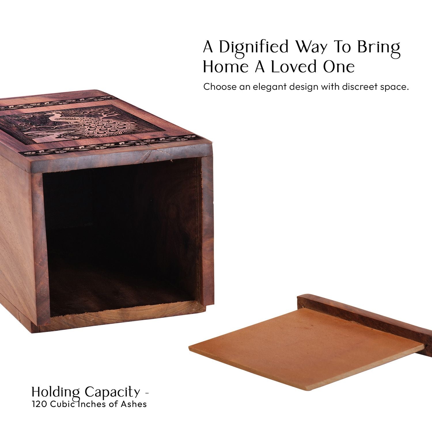Peacock Medium Wooden Box Urn for Memorial Cremation Ashes
