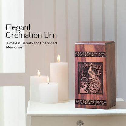 Peacock Medium Wooden Box Urn for Memorial Cremation Ashes