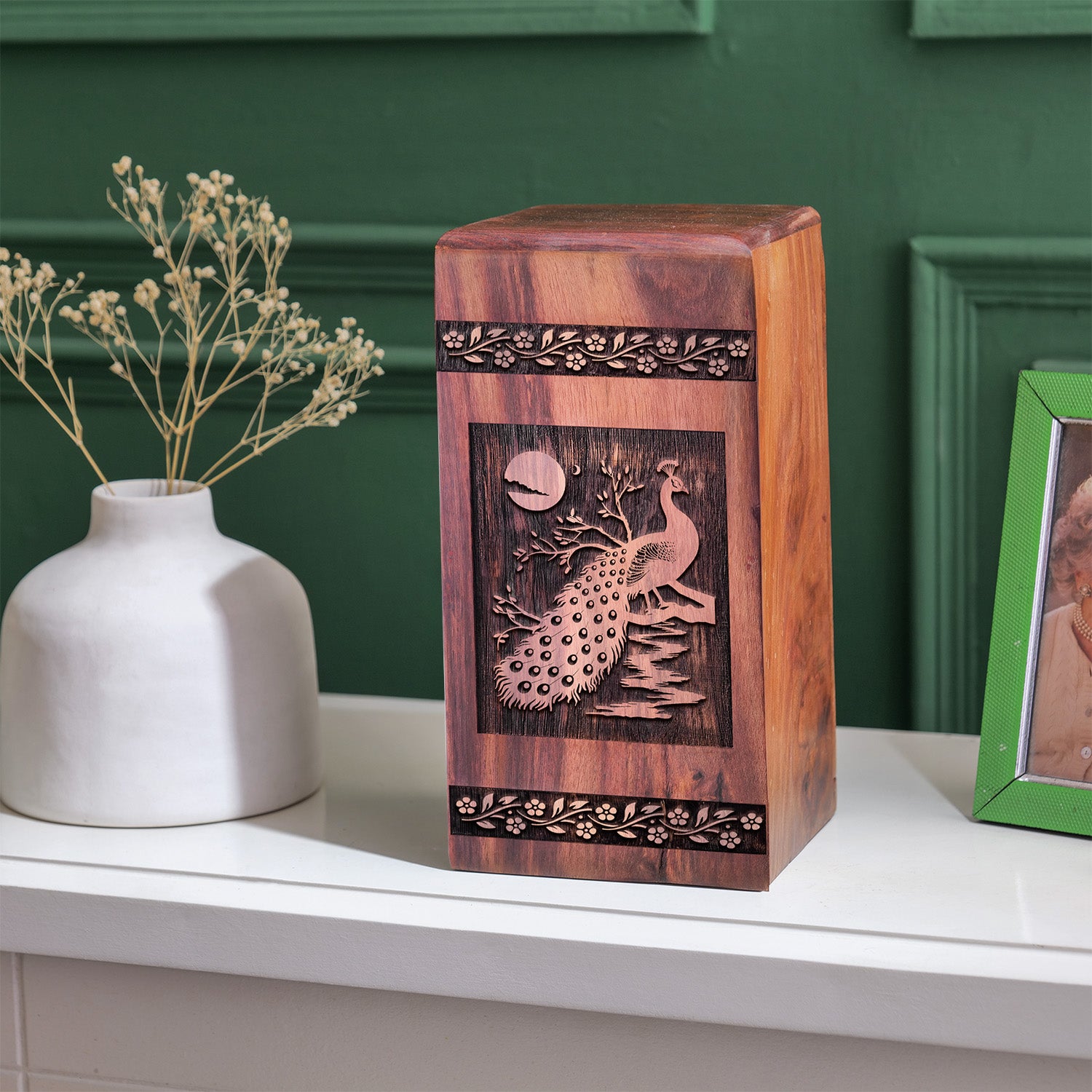 Peacock Urn Size 14 Inch 14”(H) x 7.5”(W) x 7.5”(L)