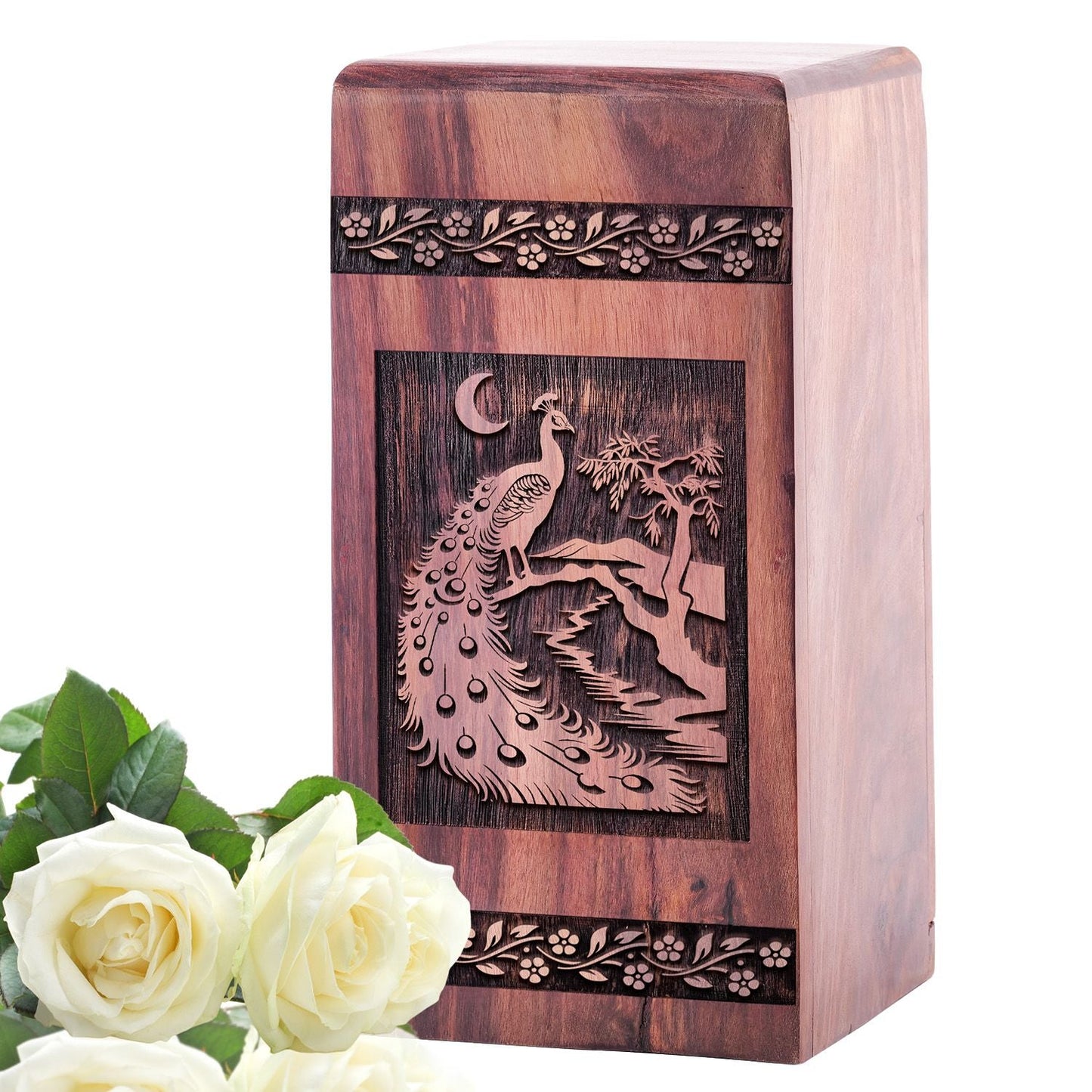 Peacock Beautiful Wooden Box Urn for Cremation Ashes