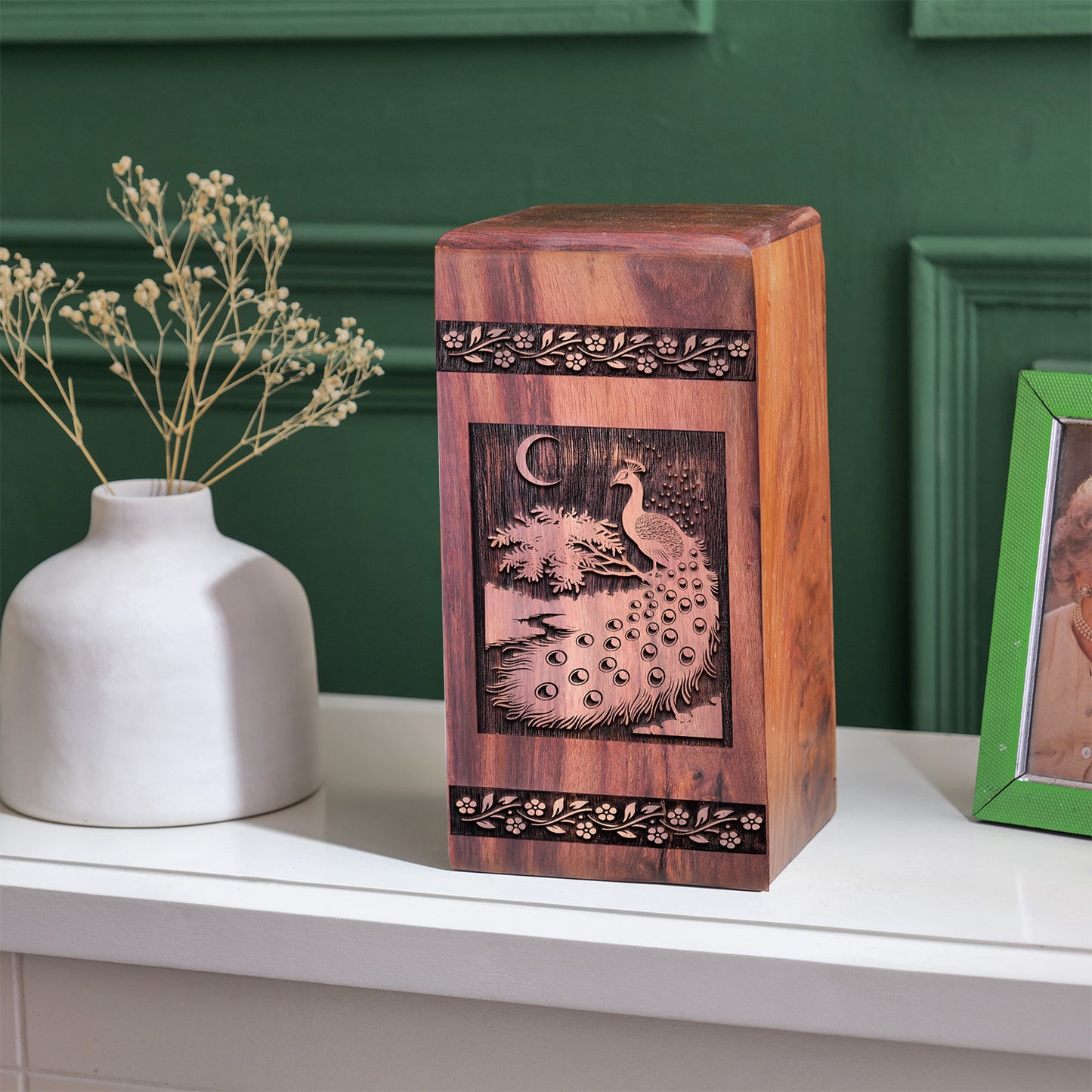 Peacock Urn Size 14 Inch 14”(H) x 7.5”(W) x 7.5”(L)