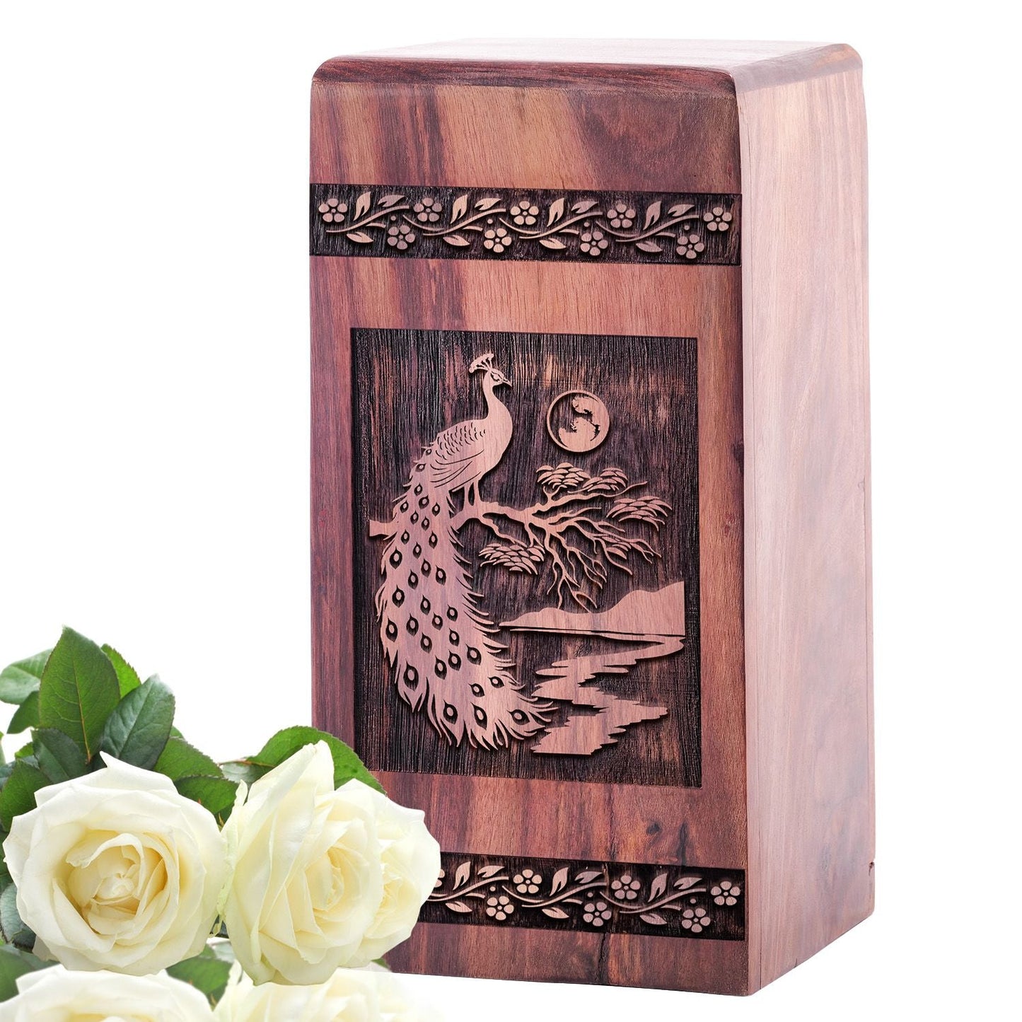 Small Wooden Peacock Keepsake Urn for Cremation Ashes