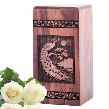 Large Wooden Peacock Urn for Human Ashes Memorial Box