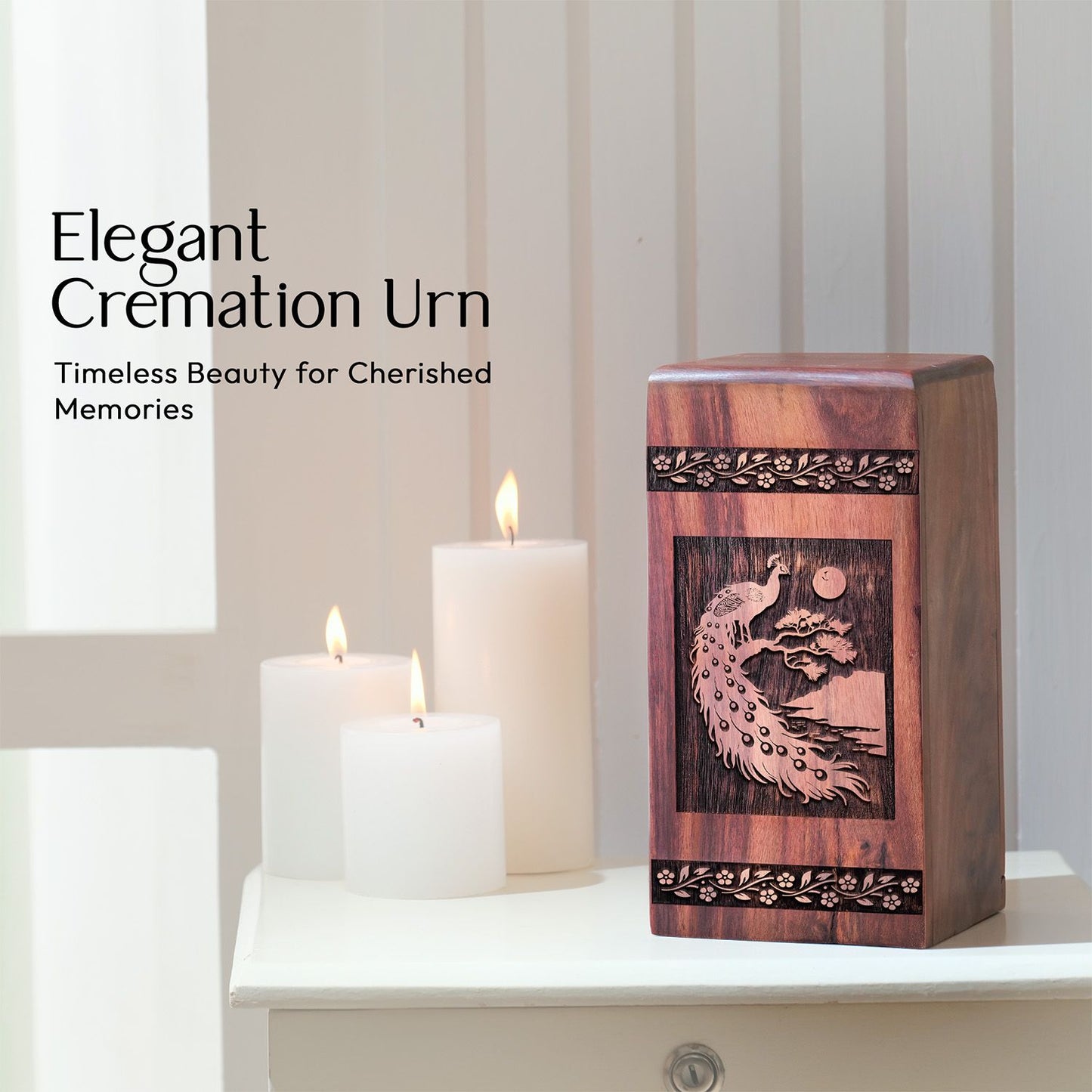 Large Wooden Peacock Urn for Human Ashes Memorial Box