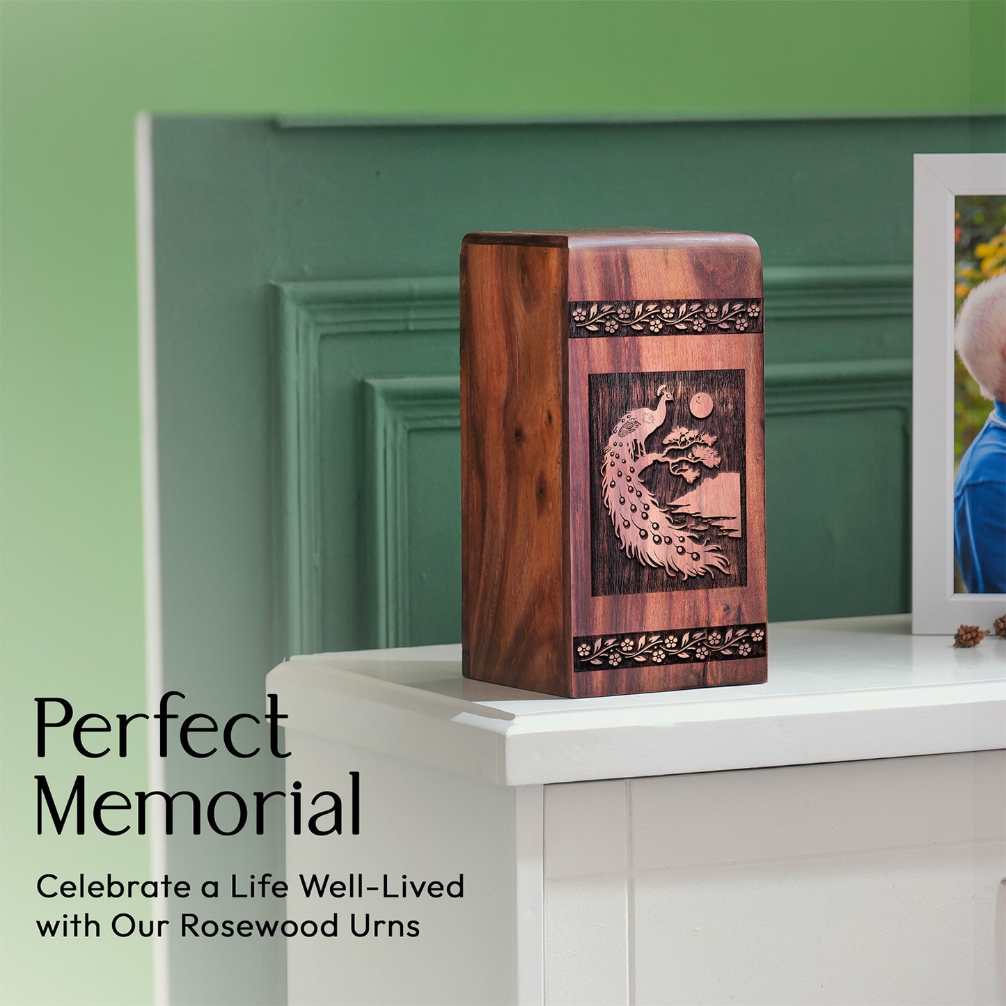 Peacock Urn Size 11.25 Inch 11.25”(H) x 6.25”(W) x 6.25”(L)