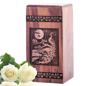 Small Wooden Peacock Cremation Urn for Keepsake Ashes