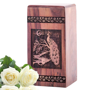 Medium Wooden Peacock Memorial Urn for Cremation Ashes