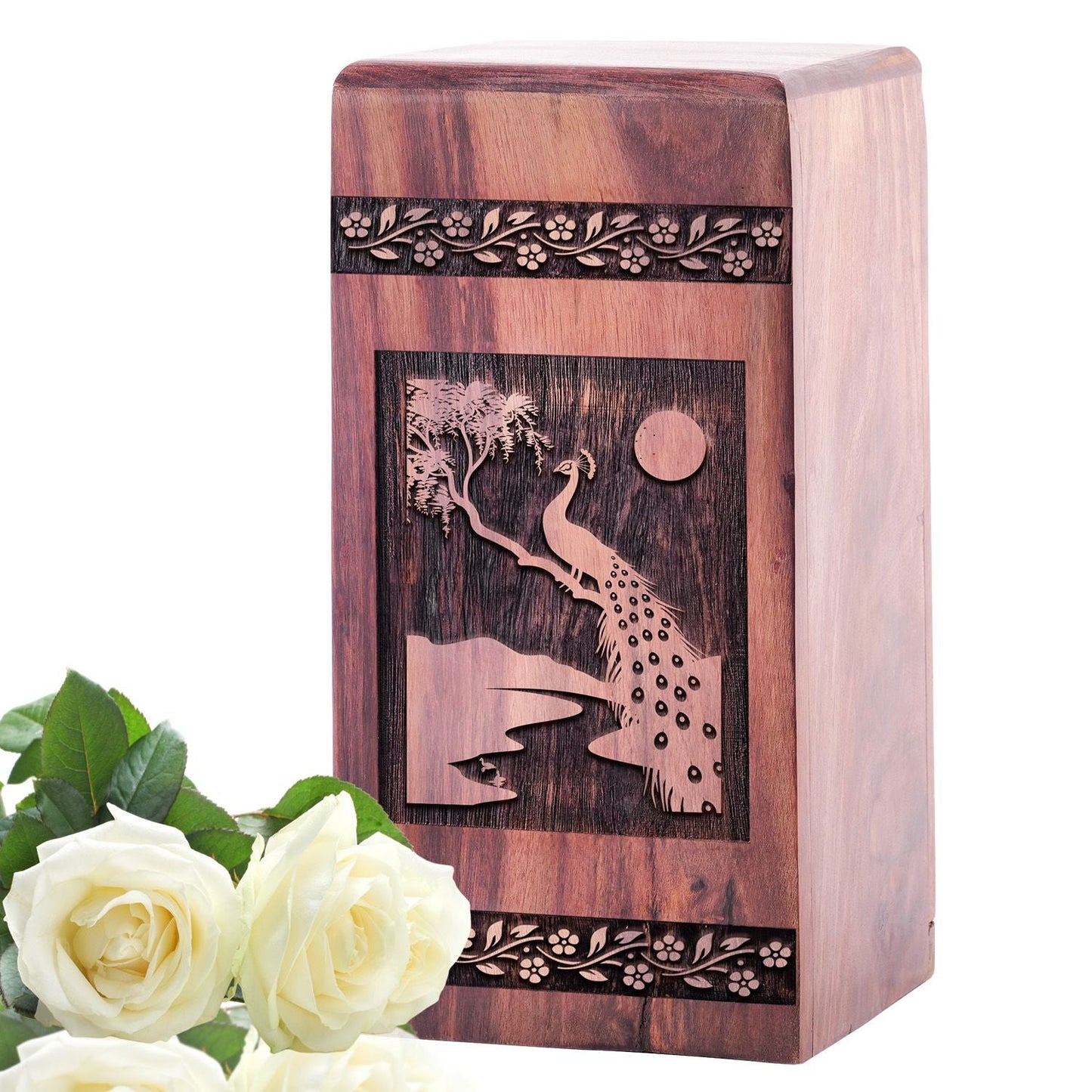 Medium Wooden Peacock Burial Urn for Keepsake Ashes