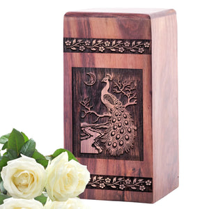 Medium Wooden Peacock Memorial Urn forAdult Ashes
