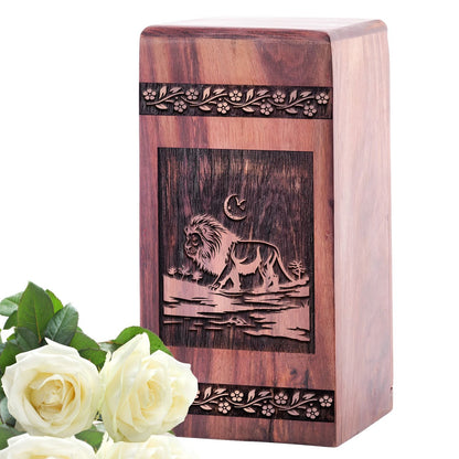 Small Wooden Lion Keepsake Urn for Cremation Ashes