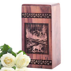 Large Wooden Lion Urn for Human Ashes Memorial Box