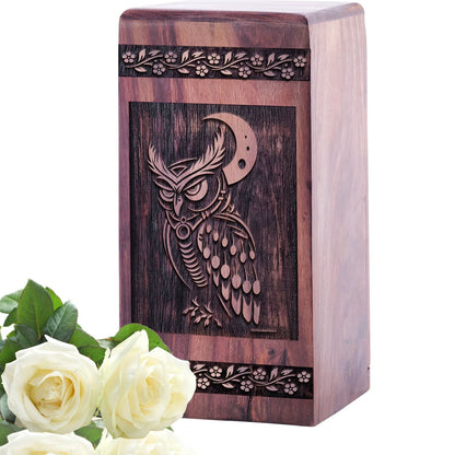 Small Wooden Owl Cremation Urn for Human Memorial Ashes