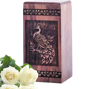 Medium Wooden Peacock Cremation Urn for Memorial Ashes