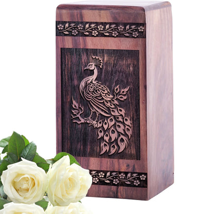 Medium Wooden Peacock Cremation Urn for Memorial Ashes
