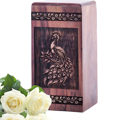 Medium Wooden Peacock Memorial Urn Wood Box Keepsake