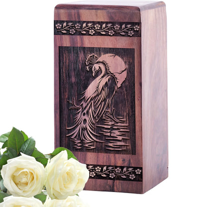 Medium Wooden Peacock Funeral Urn for Human Cremation Ashes