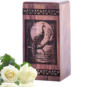 Small Wooden Peacock Keepsake Urn for Human Ashes Memorial