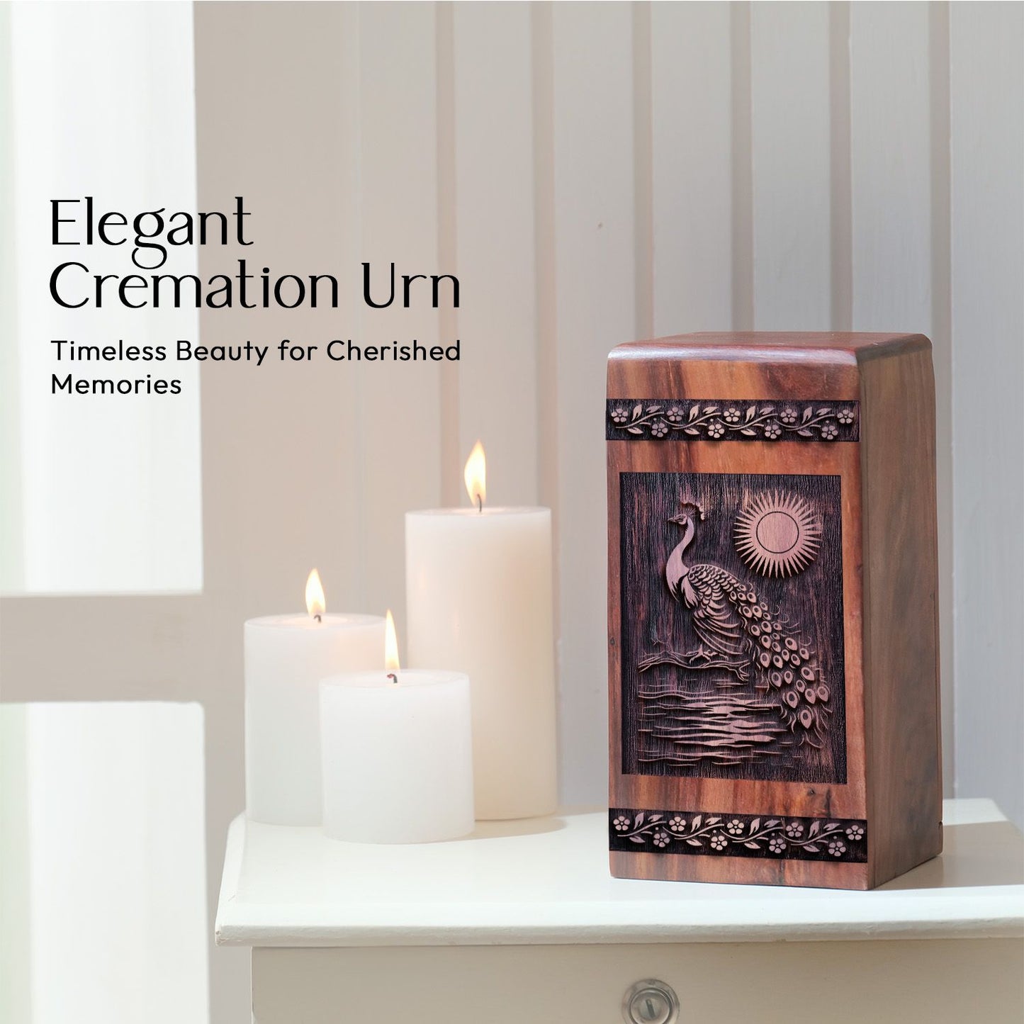 Medium Wooden Peacock Urn for Human Cremation Ashes Keepsake