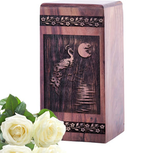 Large Wooden Peacock Memorial Urn for Cremation Ashes Keepsake