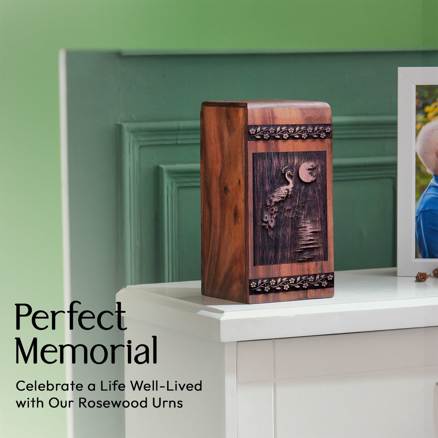 peacock Urn Size 11.25 Inch 11.25”(H) x 6.25”(W) x 6.25”(L)