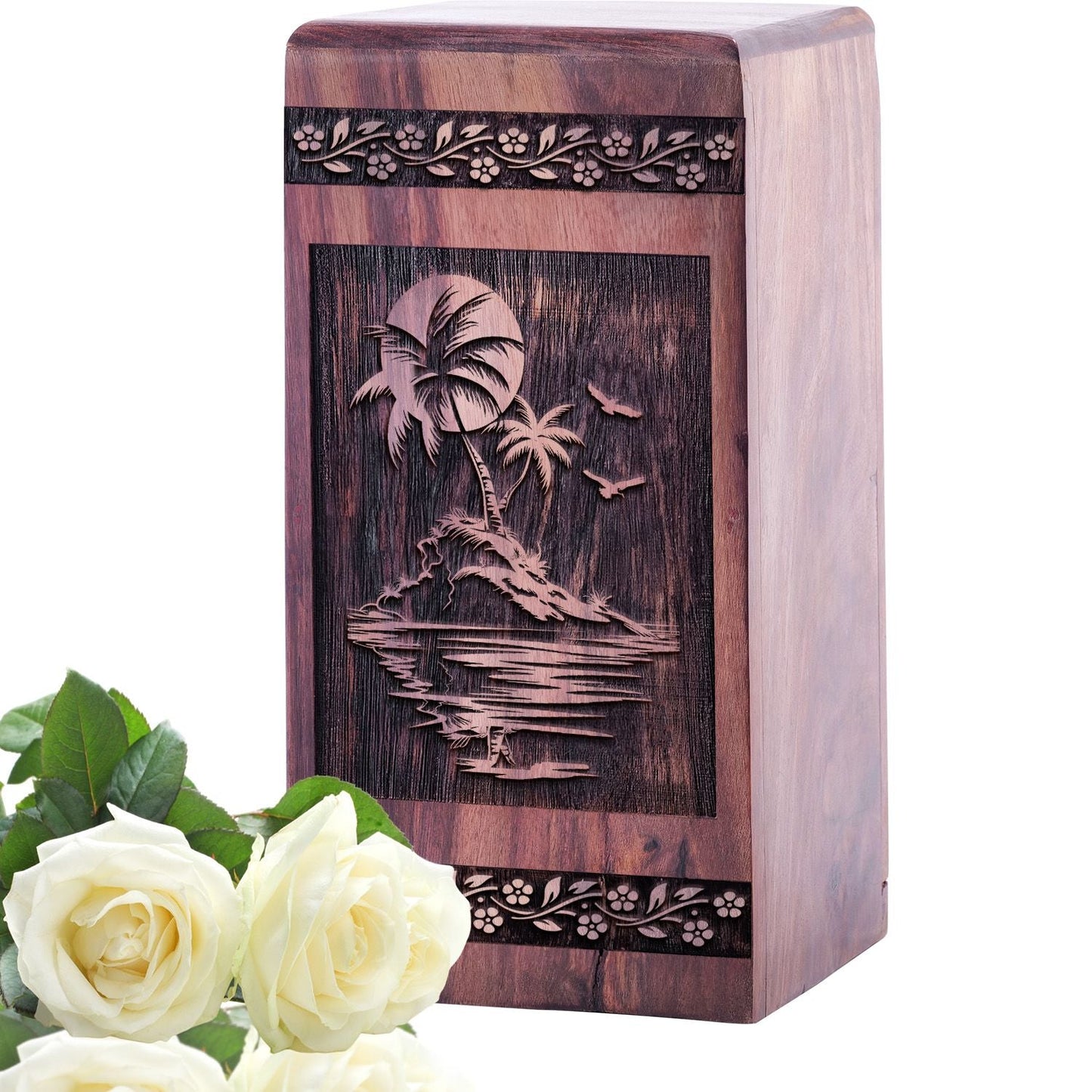 Wooden Urn for Cremation with Sunset Beach for Human Ashes