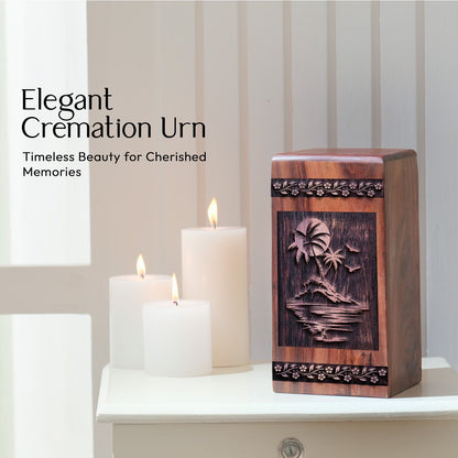 Wooden Urn for Cremation with Sunset Beach for Human Ashes
